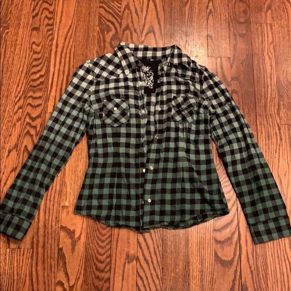 Green ombré plaid flannel shirt, size small